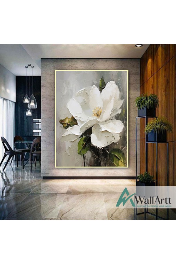 Big White Flower with Green Leaves 3d Heavy Textured Partial Oil Painting